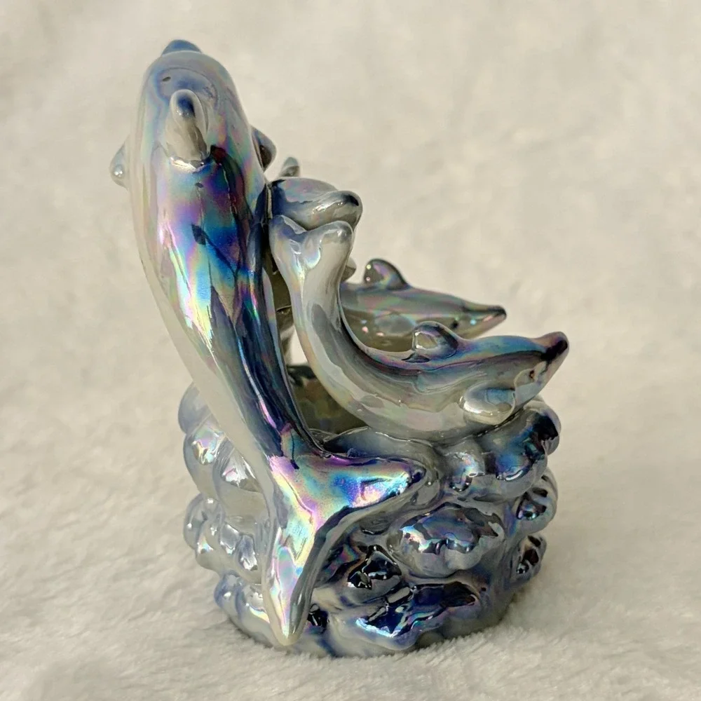 Iridescent Blue Ceramic Dolphin Family Statue Nautical Beach House Decor Vintage
